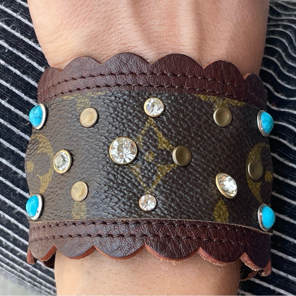 Brown and Turquoise Studded Leather Cuff Bracelet